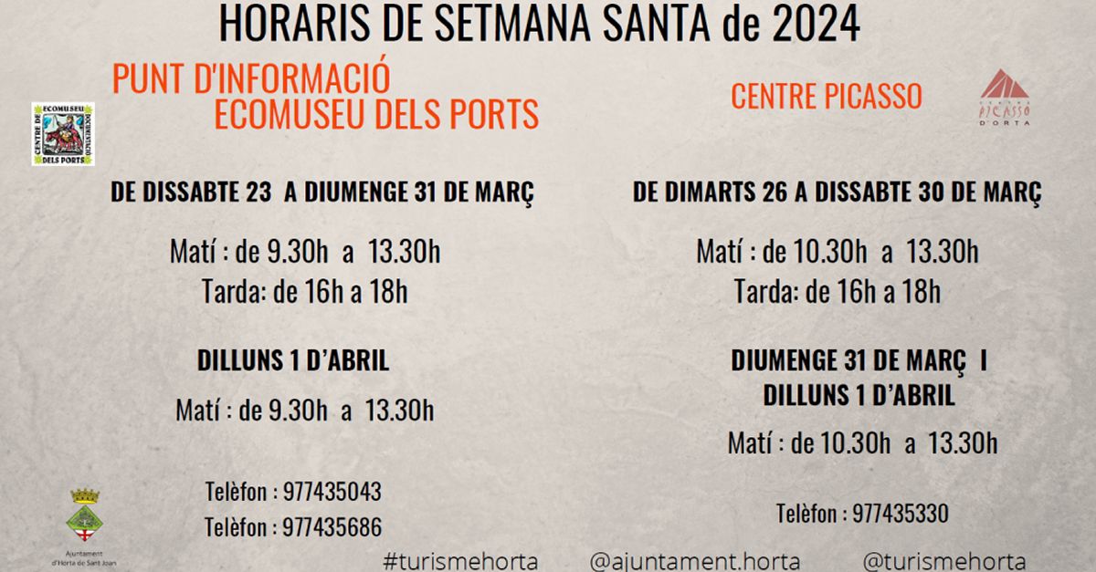 Horarios Semana Santa en el Punto de informaci�n Ecomuseo de Els Ports