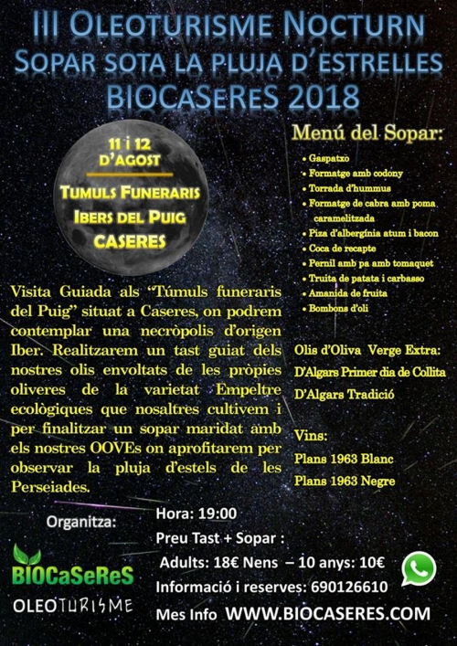 III Oleoturisme nocturn: sopar sota la pluja d�estrelles Biocaseres 2018