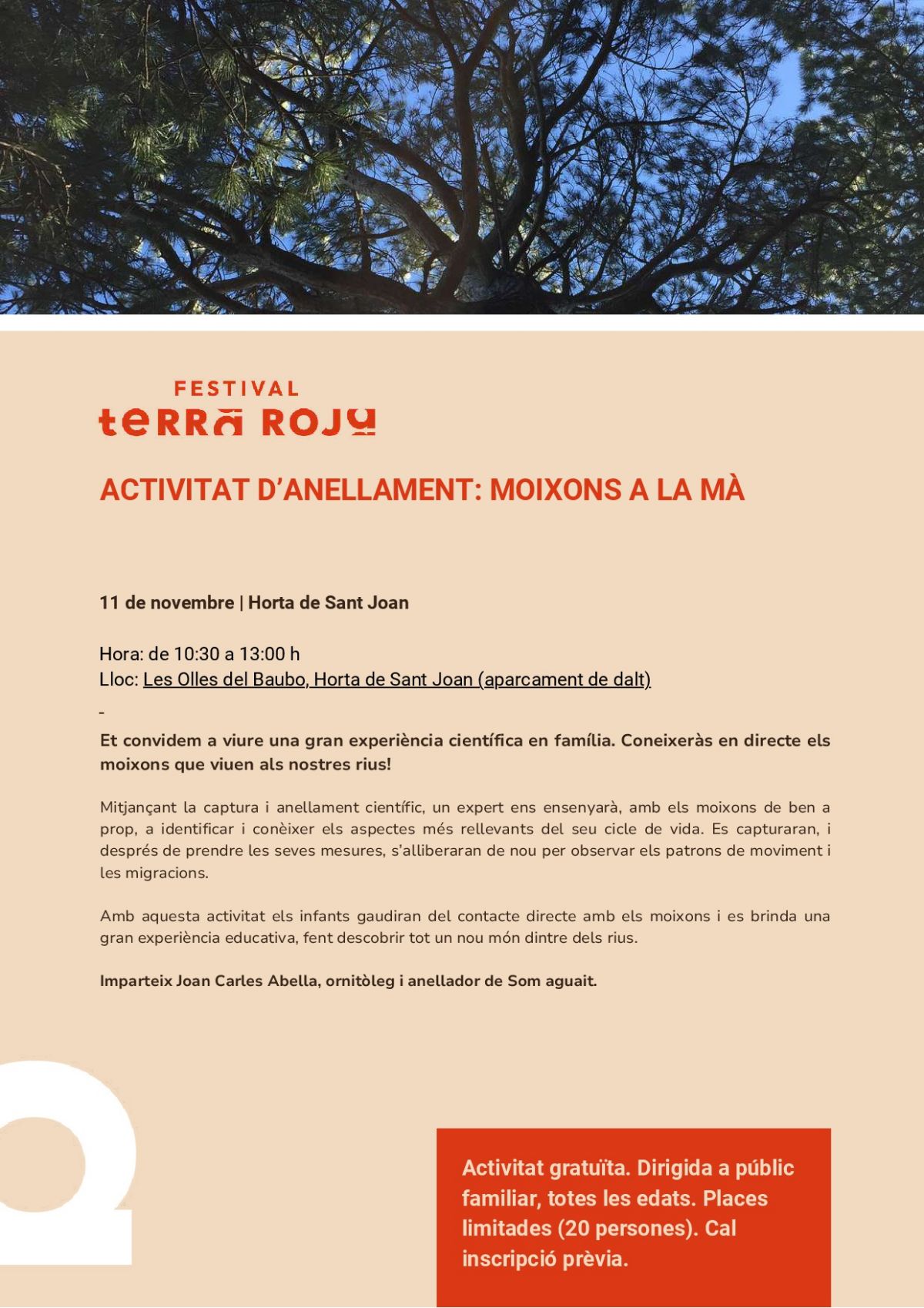 Festival Som Terra Roja. Activitat d’anellament: «Moixons a la mà » Festival Som Terra Roja. Activitat d’anellament: «Moixons a la mà »